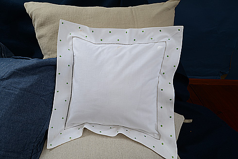 Square Hemstitch Baby Pillow 12"x12" Macaw Green Polka Dots